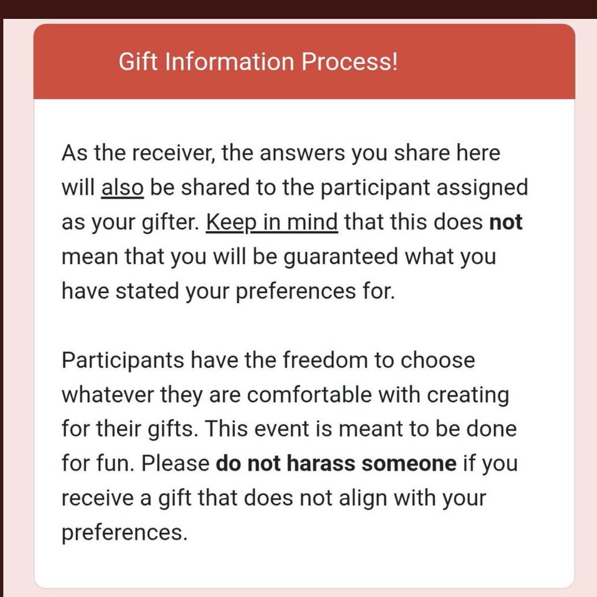 ‼️ IMPORTANT PLEASE READ ENTIRE THREAD ‼️ 

Because of confusion, we’ve changed the preferences section of the form and cleared up the wording of the prompt question! We’ve noticed people saying they’d feel bad if the gift receiver preferred something they couldn’t make, but this