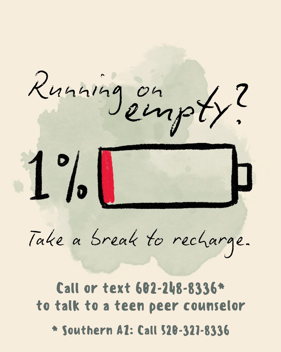 Running on empty?🪫

You don't have to keep pushing until there's nothing left. Reach out for help *before* you hit 0%.

Call or text Teen Lifeline to talk with a teen peer counselor at 602-248-8336 (Southern AZ: Call 520-327-8336). You're not alone❤️

#MentalHealth #Burnout