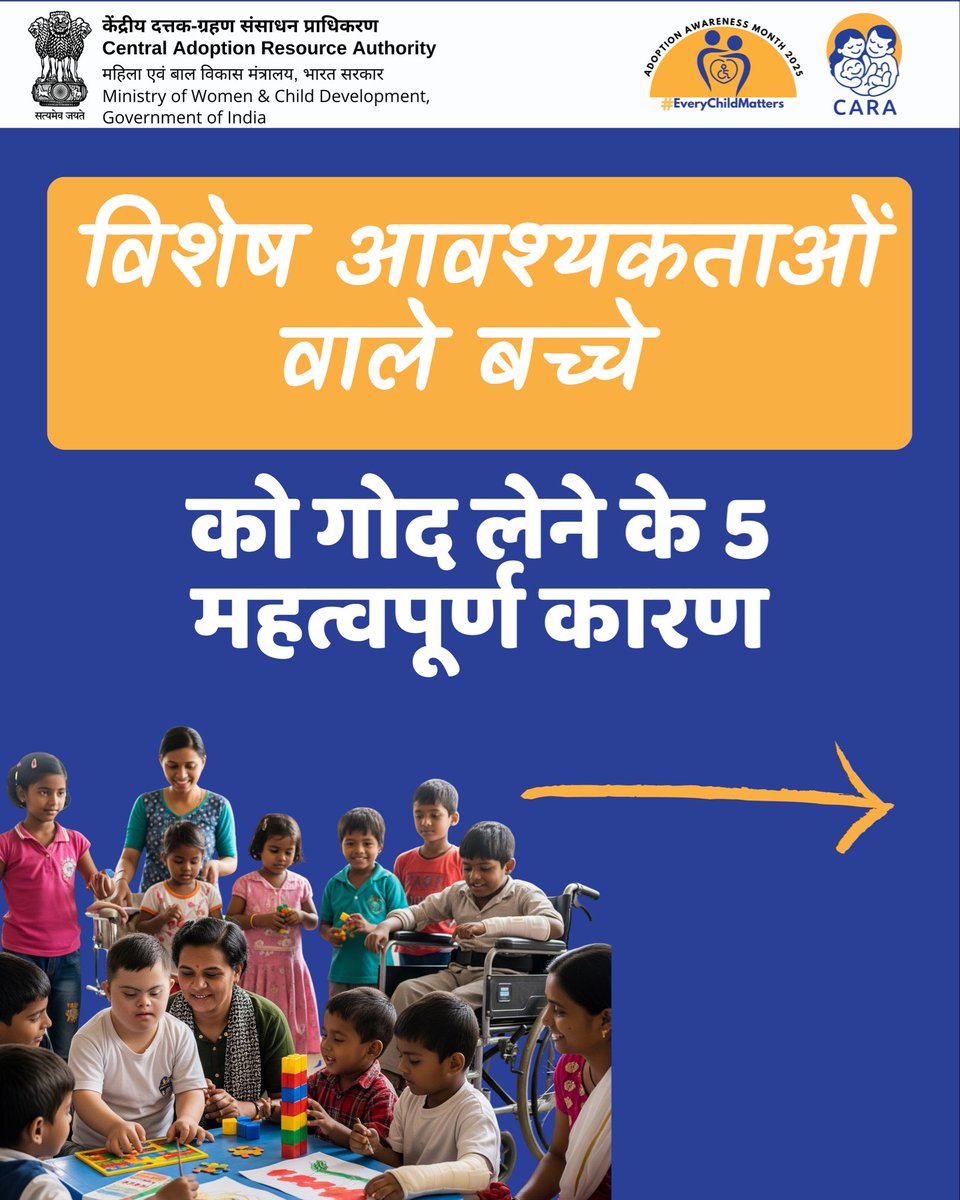CARAWCD's tweet photo. गोद लेना सिर्फ़ एक निर्णय नहीं, यह किसी की ज़िंदगी बदलने का वादा है 🤝
विशेष आवश्यकता वाले बच्चे भी आपके प्यार से खिल सकते हैं और आपके परिवार को ख़ुशियों से भर सकते हैं। 🌸
आइए, भेद नहीं — अपनापन दें!
#EveryChildMatters 
#InclusionMatters #SpecialNeedsParenting #AdoptWithLove #हरदिलकेलिएघर
@MinistryWCD @Annapurna4BJP @savitrii4bjp @PIBWCD @PIBHindi @MIB_Hindi @MyGovHindi @NCPCR_ @SPNIWCD_MWCD
