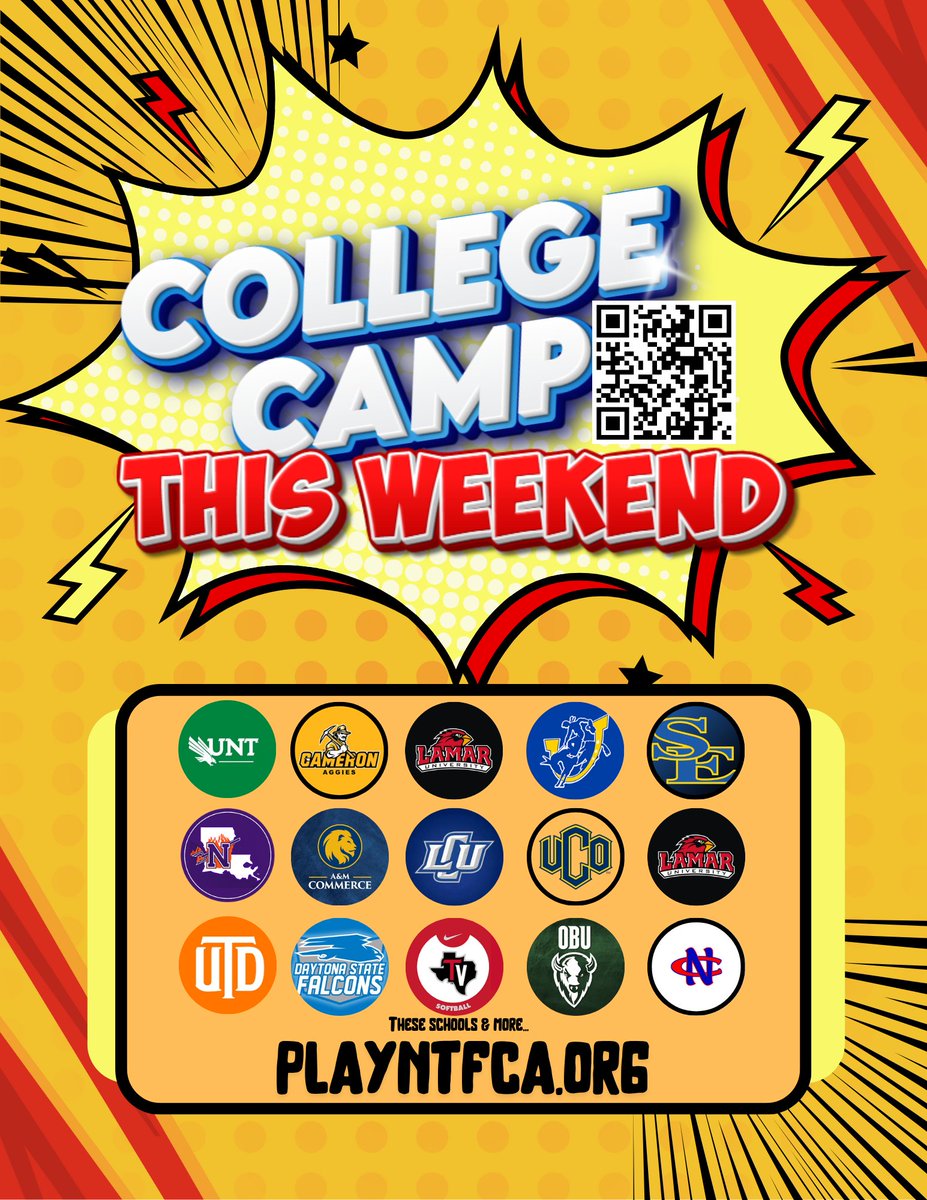 COLLEGE CAMP
THIS WEEKEND
🚨🚨🚨
OVER 15 SCHOOLS

Get recruited this weekend by over 15 schools at our 2025 NTFCA Championship Exposure camp. Register using the QR code or at tinyurl.com/j8weckrt