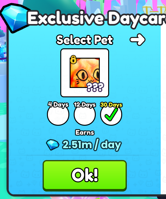 ASaellam's tweet photo. @CoderMitchell something is messed up with Exclusive Daycare and you owe me 49.5m diamonds. When I put this pet in for 30 days it said 2.2m per day (this one is at a higher level), and when I redeemed it, it was only 550k. https://t.co/qR9GmaJbrY