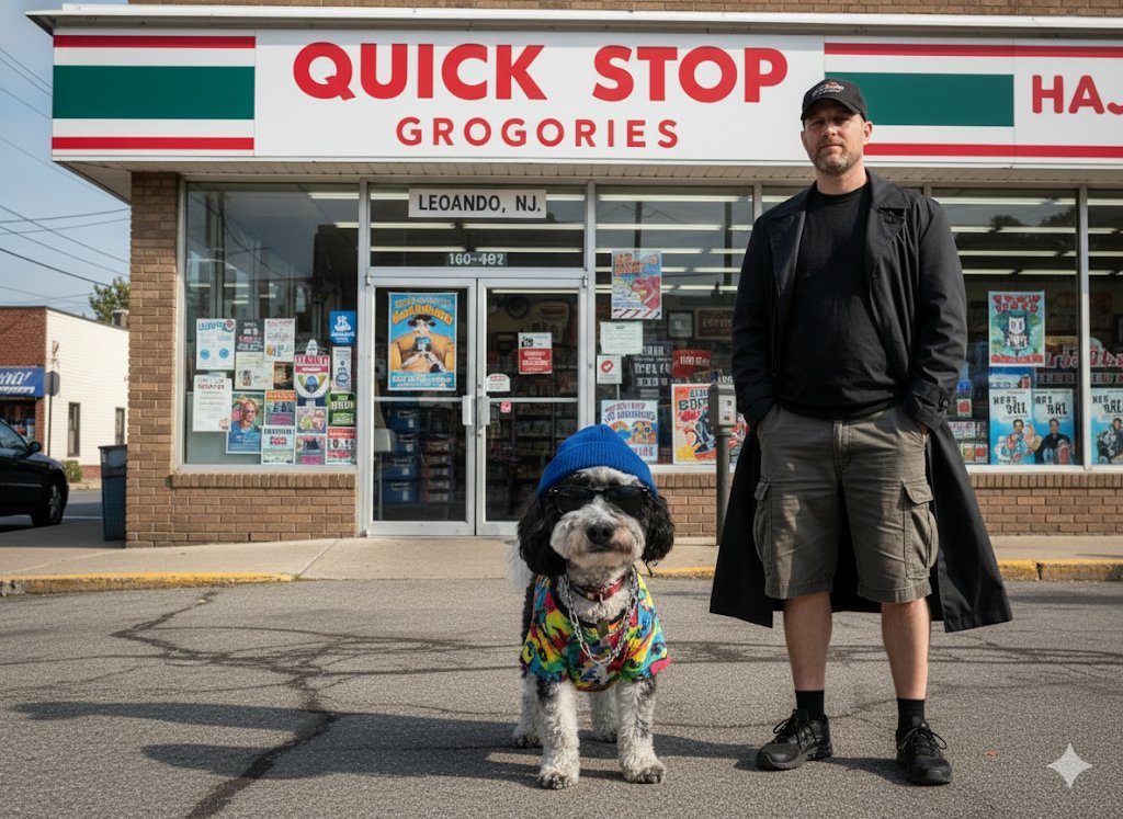 ScottieHo's tweet image. Hey @ThatKevinSmith @JayMewes , here's an AI generated version of my dog and me as #JayAndSilentBob in front of the #QuickStop