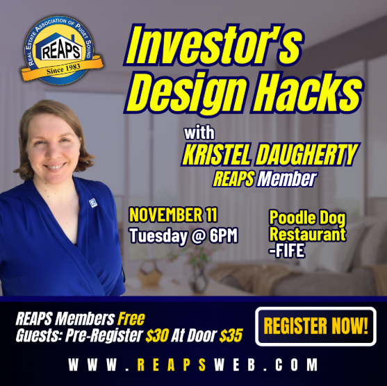 REAPSweb's tweet image. Learn design hacks for real estate investing at our FIFE event "Investor's Design Hacks"!
Learn the insider tips and tricks to design that maximize your property's appeal &amp;amp; value.
Tues, Nov 11
6PM
Poodle Dog Restaurant
www REAPSweb dot com