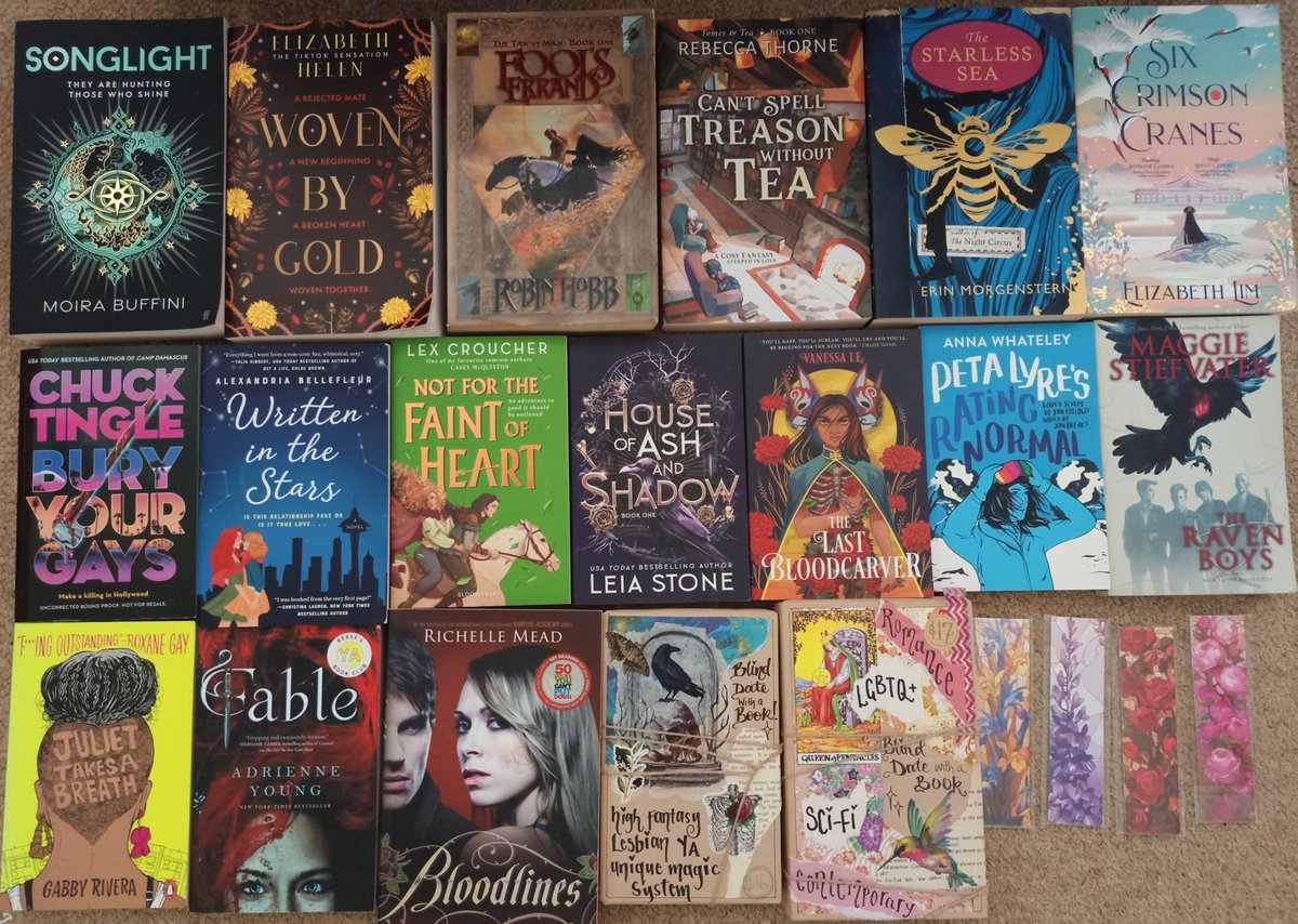 cloudstarcloud's tweet image. Just did a massive secondhand book haul!! I can never normally find this many at once especially from the same place?! (One of the blind dates was One Last Stop which I already have :/ but the other was Bone Shard Daughter which I wanted!)
