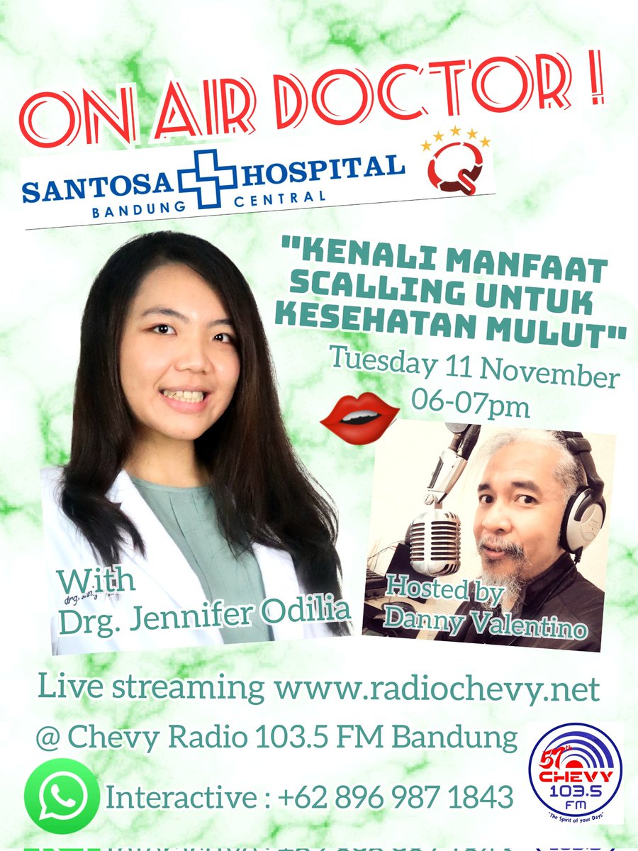 "DOCTOR.. DOCTOR !" Every Tuesday 06-07 pm @ Chevy Radio 103.5 FM #Bandung 📻🩺😊 live audio streaming radiochevy.net 📲📲
#gigi #tooth #scalling #santosahospitalbandung