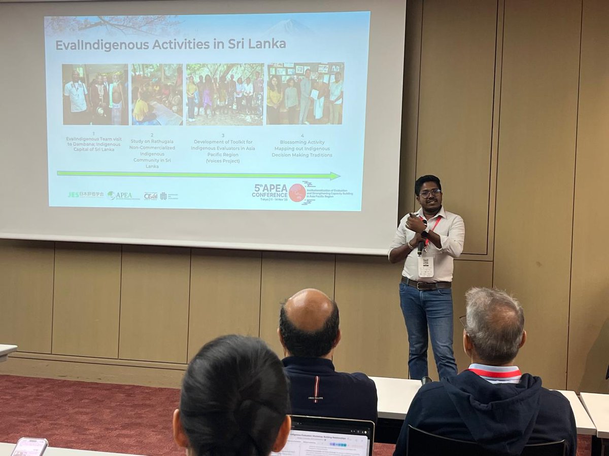 EvalYouthSL's tweet photo. 🌿Proud to see @ChamathkaraDC facilitating the workshop “Indigenous Evaluation: Centring Relationships, Knowledge, &amp; Self-Determination” with the #EvalIndigenous team, sharing his experiences from Sri Lanka’s Indigenous evaluation initiatives at the 5th APEA Conference in Tokyo! https://t.co/NdPb7ctpiZ