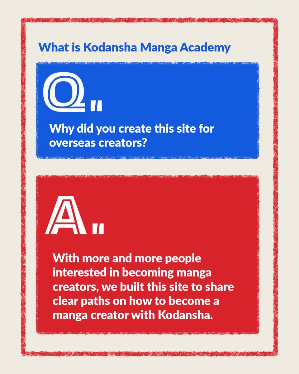 KODANSHA_KMA's tweet image. Ever wondered what Kodansha Manga Academy actually is? 👀
Here’s Part 1 of our FAQ series!
We’ll be answering some of the most common questions we get from overseas creators—starting with what KMA is all about. 🌍
✨ Up next: About Kodansha!
#KodanshaMangaAcademy #FAQ
