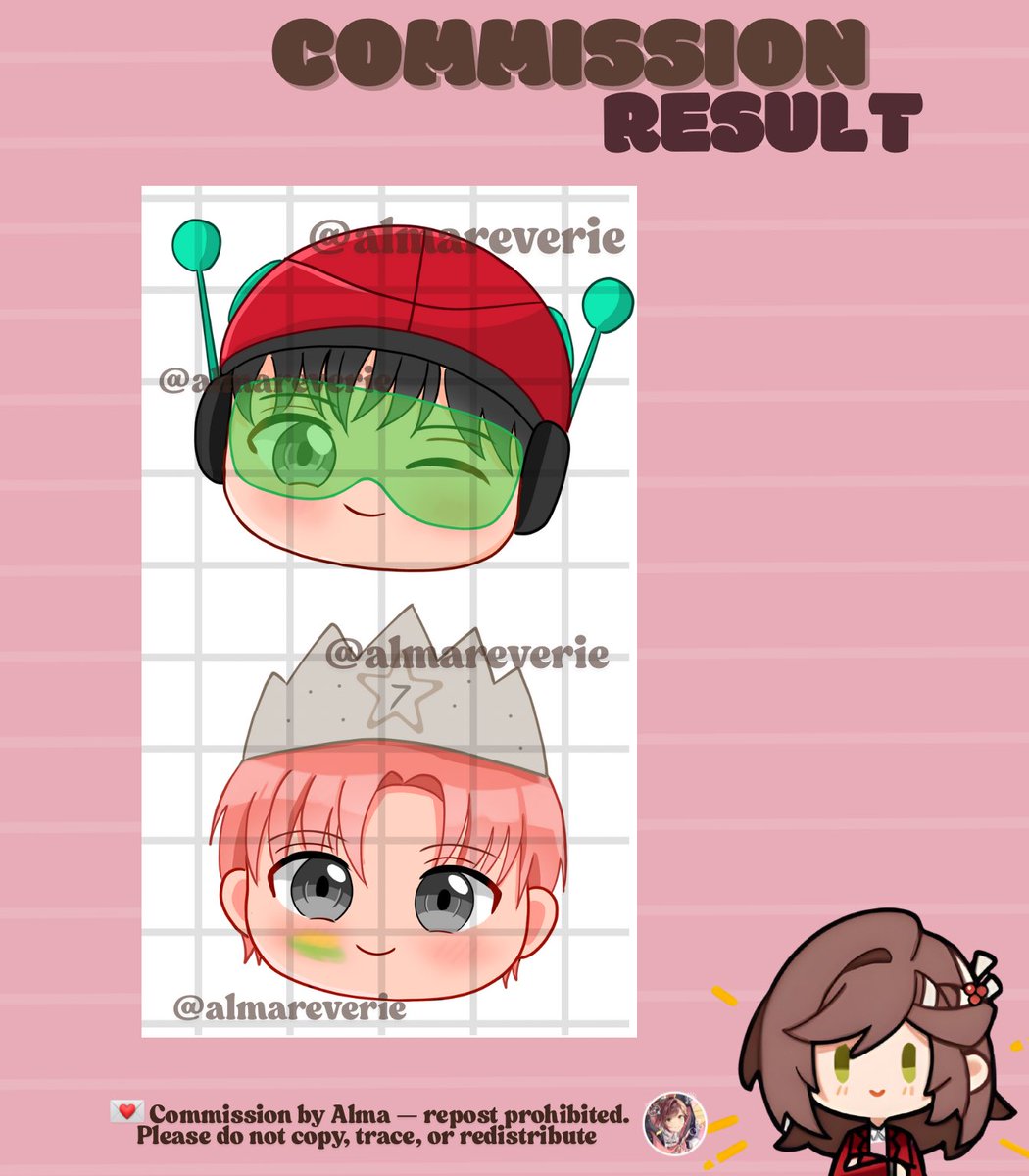 🩷Commission result 🌿

✨chibi headshot main chara style commis ✨
thank you for commissioning me!  

Alma is still open for chibi comms ♡ DM ke <a href="/almareverie/">Alma - MT after DM</a> yap
#zonauangᅠ