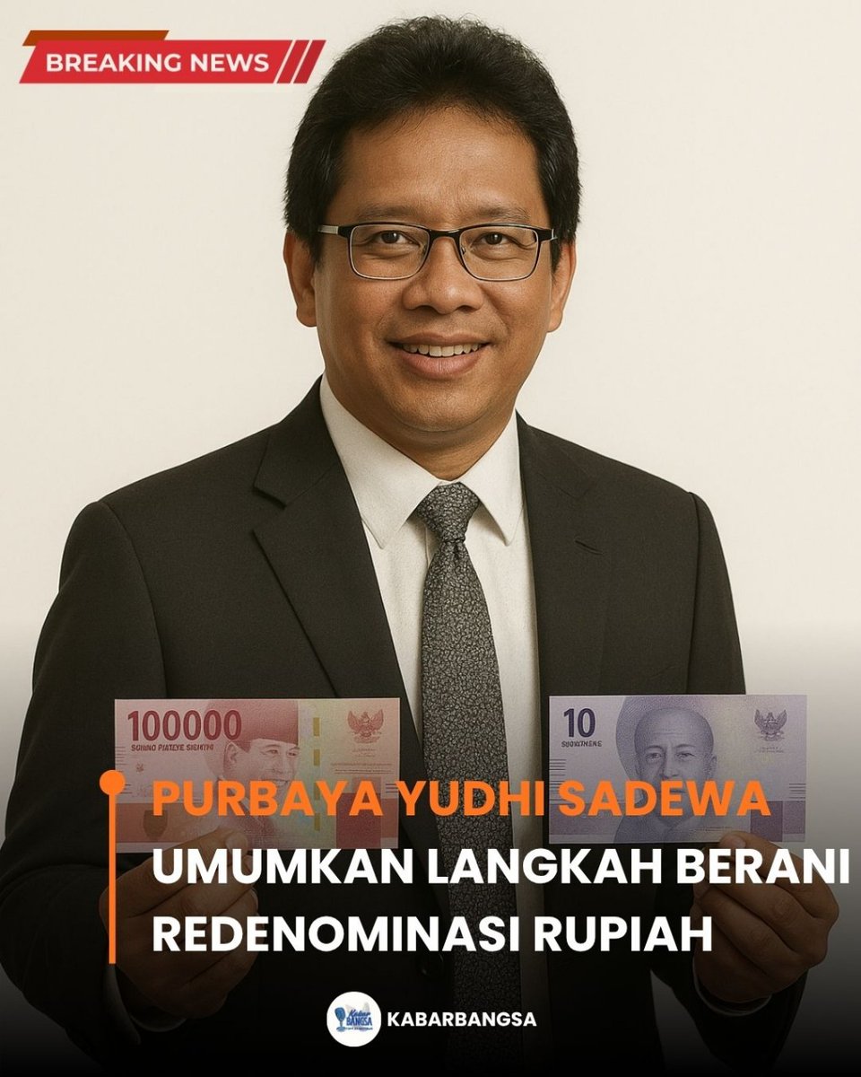 kabarbangsaa's tweet photo. Menkeu Purbaya Yudhi Sadewa mengumumkan rencana redenominasi rupiah dengan menghapus tiga nol tanpa mengubah nilai riil. Langkah ini disebut untuk menyederhanakan transaksi dan memperkuat citra rupiah, dengan jaminan nilai uang masyarakat tetap aman. https://t.co/0pGxgepX0K