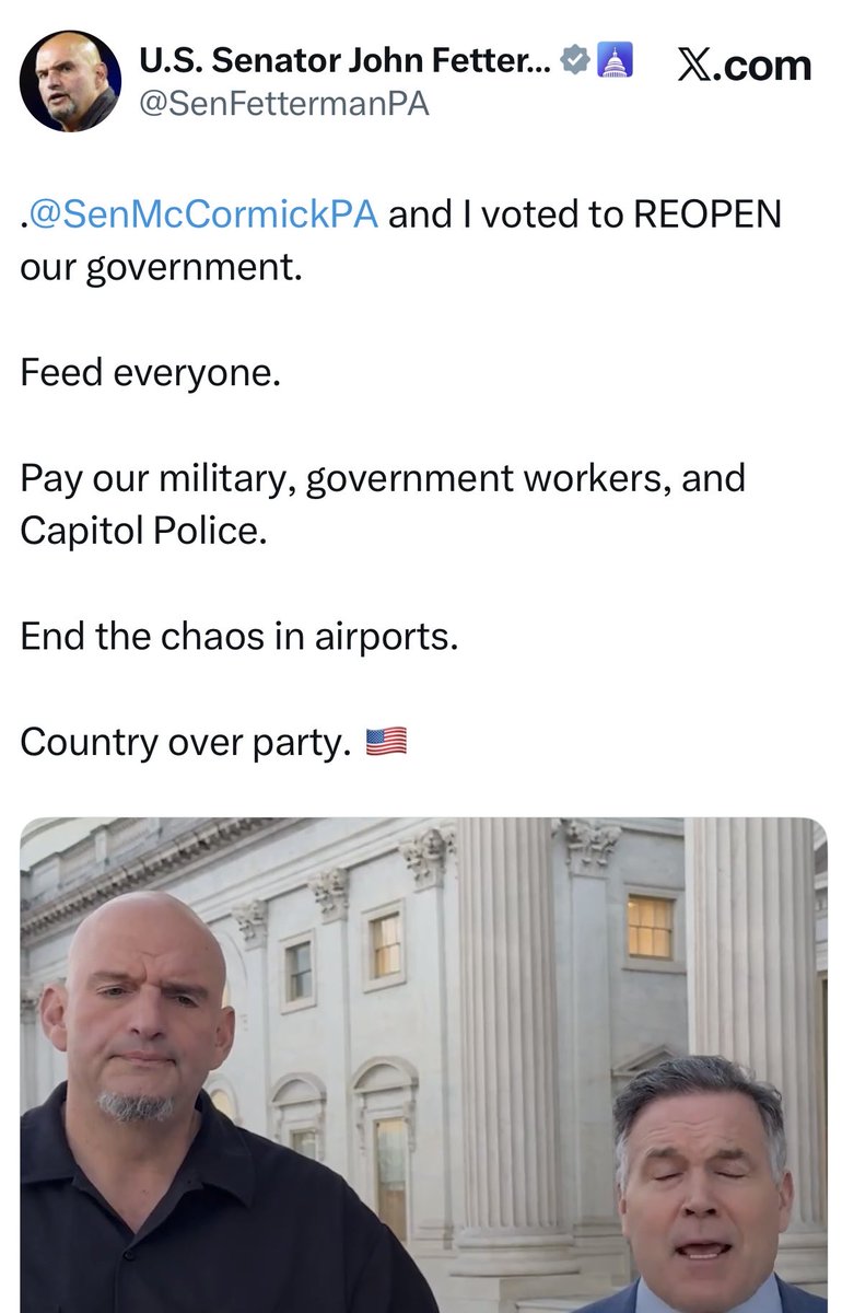 For being a Democrat, Senator Fetterman is pretty based half the time or most it seems. Thank you for supporting to keep the government open! 🇺🇸🦅
