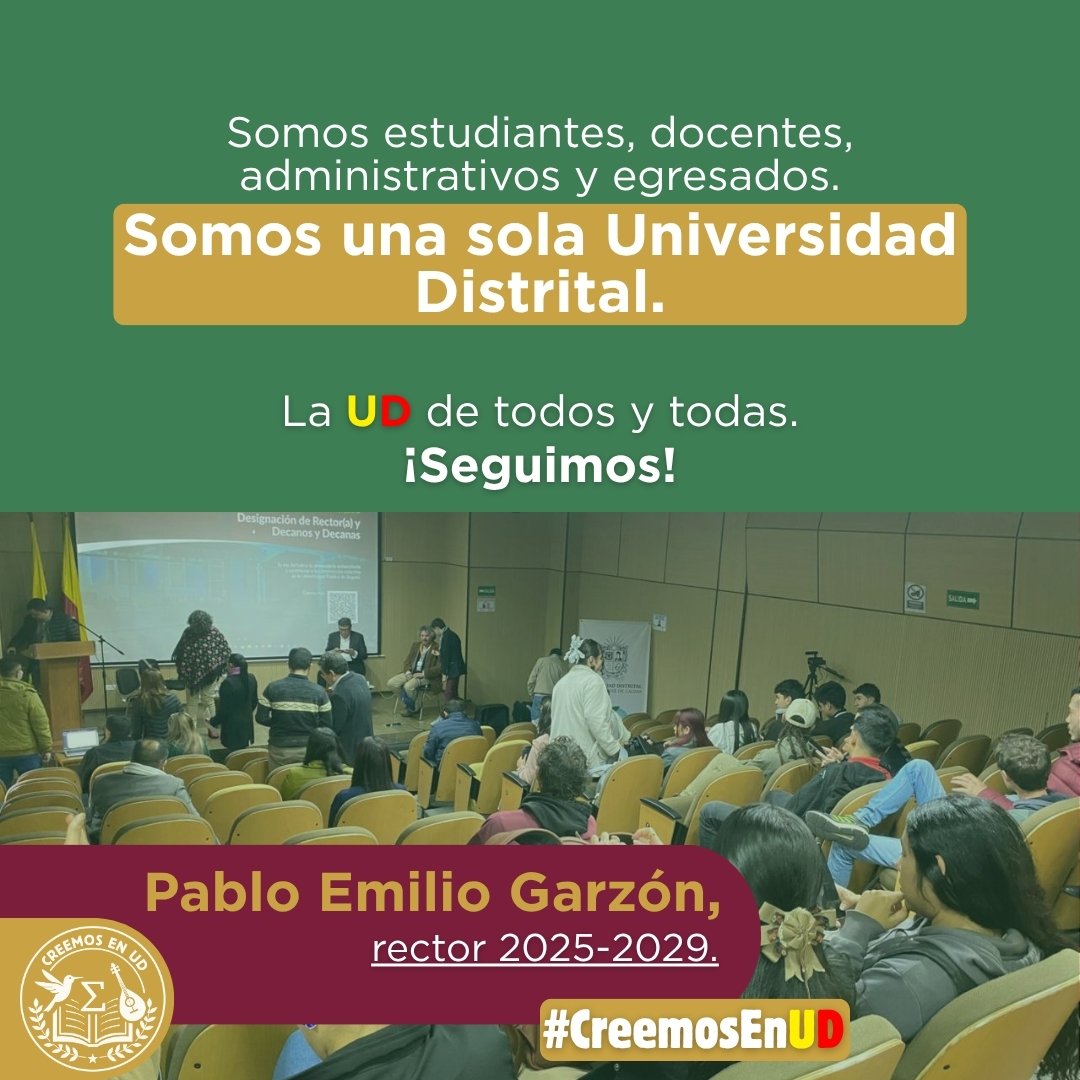 Nuestra Universidad Distrital ha crecido y se ha fortalecido gracias a la lucha de la comunidad educativa. Invitamos a seguir construyendo el destino de nuestra UD en equipo, escuchándonos en nuestra mayor riqueza: la diversidad. 
Somos #CreemosEnUD.