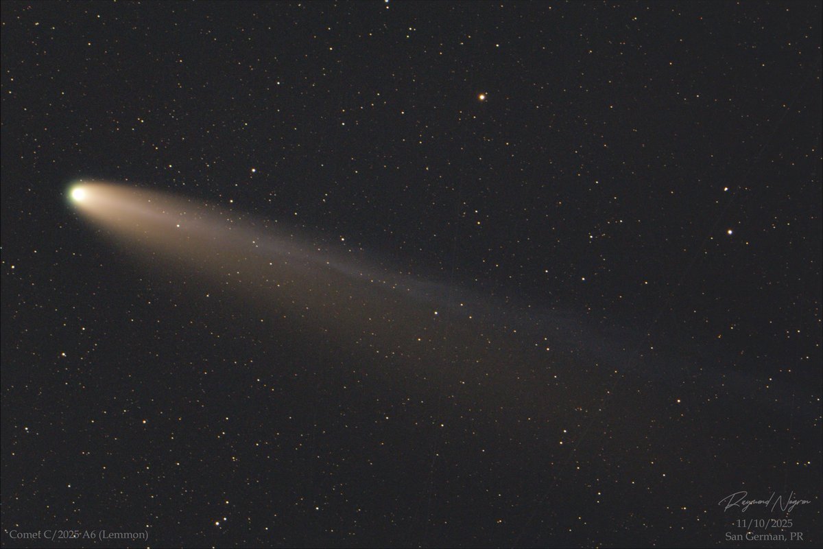 raymnegron's tweet photo. Comet C/2025 A6 Lemmon taken from my backyard.
Telescope: Astro-Physics Stowaway &amp; 92TCC reducer
Mount: iOptron HAE29
Camera: ZWO ASI183MC-Pro https://t.co/Mtb6hBv8Cq