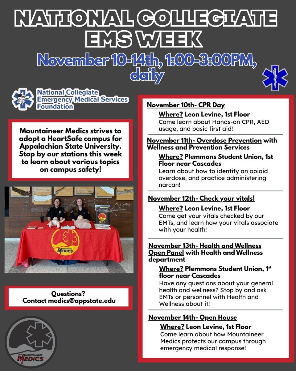Happy National Collegiate EMS Week! 💛
Hope everyone’s staying warm! ❄️ Come see us this week from 1-3 PM to learn about CPR, overdose prevention, health checks, and more! 

#MountaineerMedics #EMSWeek #AppState #CampusSafety #HeartSafeCampus