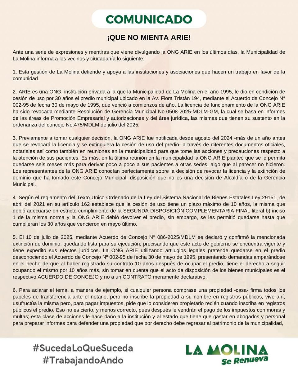 Lo que está pasando con ARIE no es un acto técnico ni jurídico. Es un acto político.

Y además, uno mal hecho.
Después de leer el comunicado de la Municipalidad de La Molina, queda clarísimo que intentan justificar el cierre con argumentos que no resisten una revisión mínima.