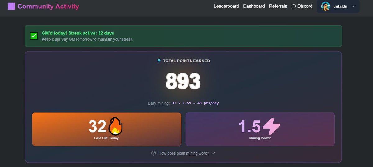untaldn's tweet photo. Day 32 streak 🔥Total 893 pts | Mining Power 1.5📷Been checking in daily on https://t.co/7mYuHE1Z4h — the consistency starts to pay off. Simple dashboard, clean vibe, and kinda fun watching the numbers grow each day 📷https://t.co/lNCLUiZN8i #Polana #Web3 https://t.co/qENRzrUhFG