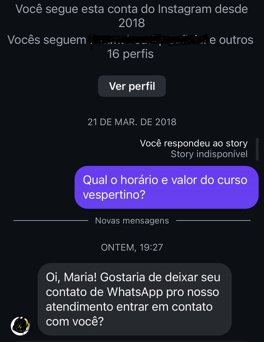 mfstein's tweet photo. Mandei mensagem no Instagram perguntando horário e valor de um curso em março de 2018 e recebi o retorno ontem. Mais de 7 anos e me responderam pedindo o meu contato do zap pro atendimento entrar em contato. Quantos anos pro atendimento me retornar? https://t.co/RsvRfzA8wb