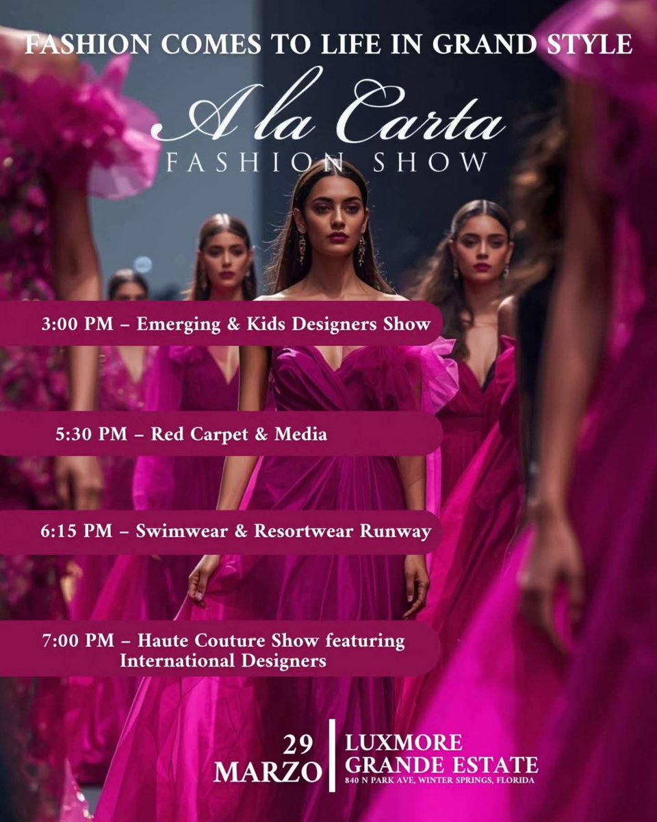 FashionWeekOFW's tweet image. Orlando Fashion Week™️ event announcement March 29, 2026 A la Carta Fashion Show 2026. 6th Annual International Runway shows, Kids Runway &amp;amp; Emerging Designers Showcase Tickets Eventbrite 
eventbrite.es/e/a-la-carta-f… #alacartafashionshow #orlando #models #fashion #orlandofashionweek