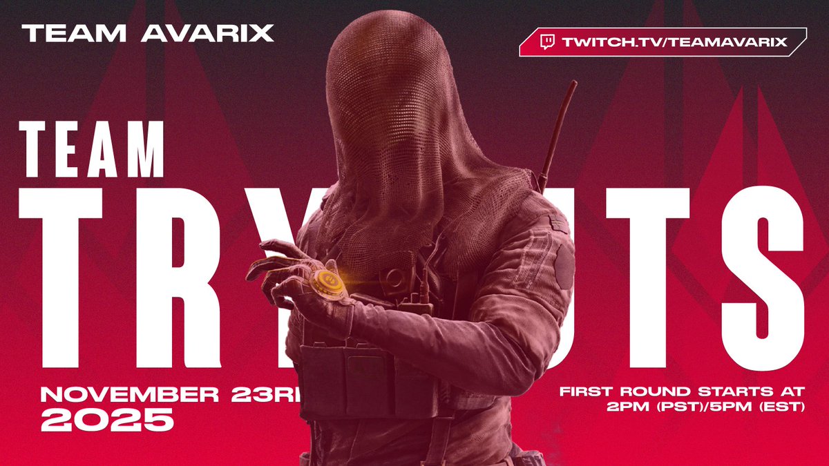 Team_Avarix's tweet photo. Team Avarix Tryouts are LIVE!  Two official dates — November 23rd and November 29th, 2025.  

Don’t miss your shot to join an elite roster of Rainbow Six Siege competitors.  

Sign up now in our Discord! https://t.co/OSOak6zdRJ