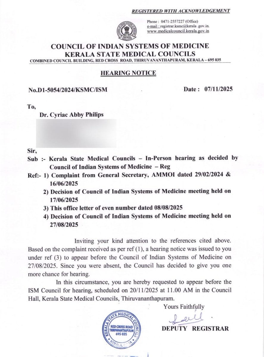 theliverdoc's tweet photo. Good morning! 
The State Council of Indian Systems (AYUSH) of Medicine is giving me ONE MORE CHANCE. Repeat summons issued for educating the public and patients on harms of Ayurveda and Homeopathy pseudoscientific systems of medicine. https://t.co/JUSzEwlnJO