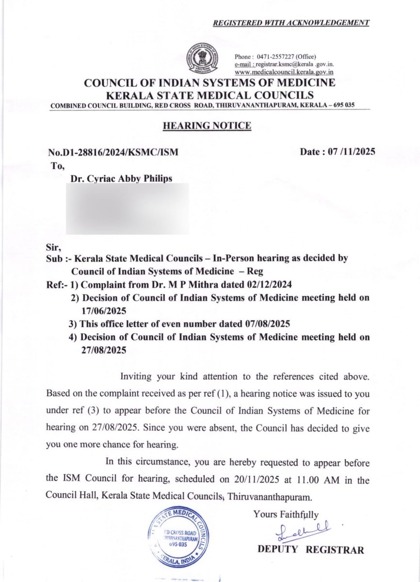 theliverdoc's tweet photo. Good morning! 
The State Council of Indian Systems (AYUSH) of Medicine is giving me ONE MORE CHANCE. Repeat summons issued for educating the public and patients on harms of Ayurveda and Homeopathy pseudoscientific systems of medicine. https://t.co/JUSzEwlnJO