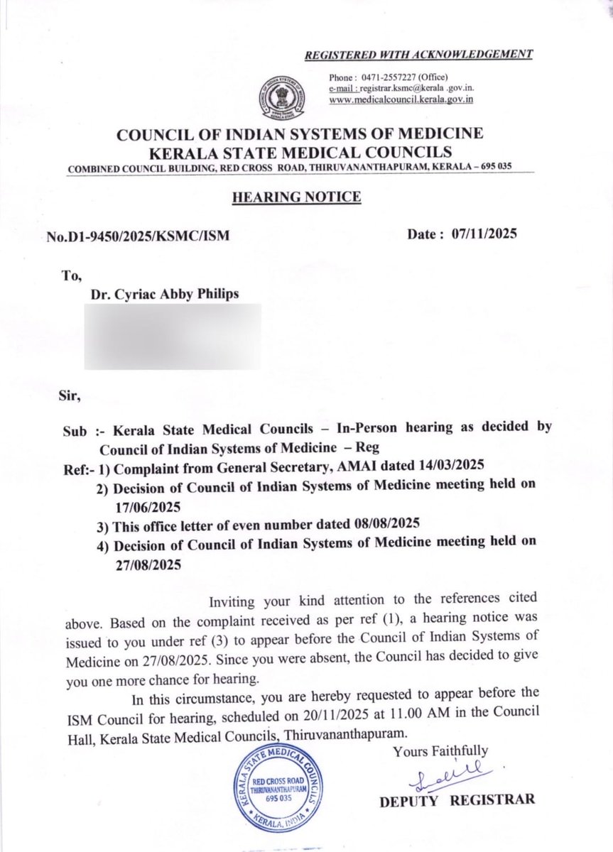 theliverdoc's tweet photo. Good morning! 
The State Council of Indian Systems (AYUSH) of Medicine is giving me ONE MORE CHANCE. Repeat summons issued for educating the public and patients on harms of Ayurveda and Homeopathy pseudoscientific systems of medicine. https://t.co/JUSzEwlnJO