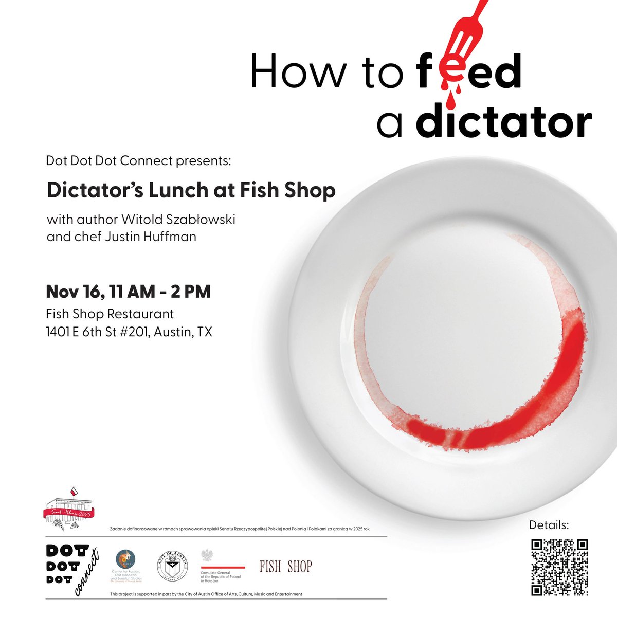 🇵🇱 #Poland’s stories in #Austin! 📚
Meet acclaimed author Witold #Szabłowski, known for How to Feed a Dictator &amp; What’s Cooking in the Kremlin.
📍 #Austin | Nov 13–16
🗣️ UT talk • 🥄 Lecture • 👋 Meet &amp; Greet

Don’t miss one of #Europe’s most compelling voices in #Texas! 🤠