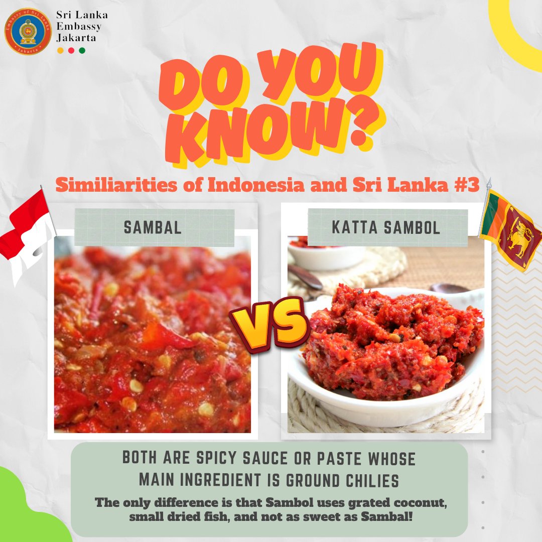 [Similarities of Indonesia and Sri Lanka #3]
 
Do you know that Indonesian Sambal and Sri Lankan Sambol are very similar in its looks? Both are spicy paste whose main ingredient is ground chilies. The only difference is that Sambol uses small dried fish and not as sweet as Sambal