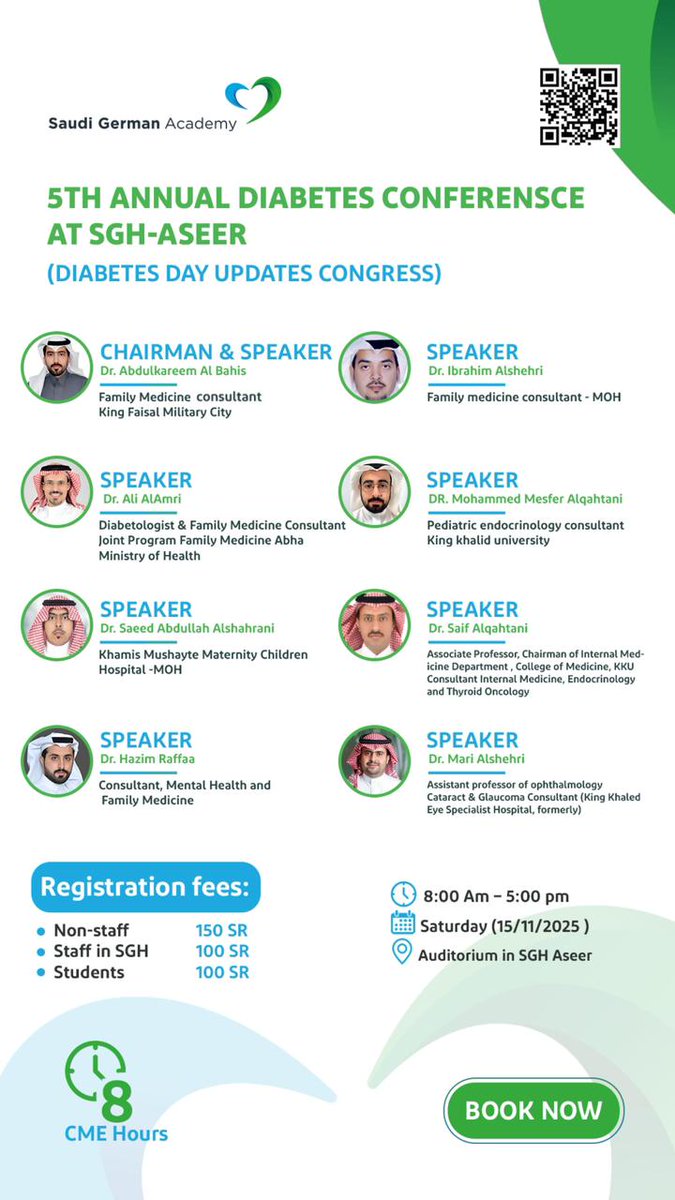 AAlloghbi's tweet photo. Diabetes Day Updates 2025

8 CME Hours
🗓️ 15 November 2025

📍 Auditorium – SGH, Aseer

🛑Registration 
https://t.co/tusdXbqyyi https://t.co/59tpgfc80f