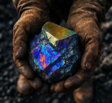 First image depicts Vladimir Putin, a middle-aged man with short gray hair, wearing a dark blue suit, white shirt, and patterned tie, standing against a blurred background with a serious expression. Second image shows a pair of brown work gloves holding a large irregular rock specimen featuring vibrant iridescent colors including blue, purple, yellow, and green on its surface, set against a dark background.