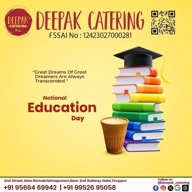 deepakchan92's tweet photo. 🎓 Happy National Education Day!

At Deepak Catering, we believe learning and good food both nourish the soul! ❤️

✅ Great dreams start with great teachers &amp; great minds.

#NationalEducationDay #DeepakCatering #TasteOfHomeInEveryFeast #EducationDay2025 #CelebrateLearning https://t.co/QXSuxHfjO2