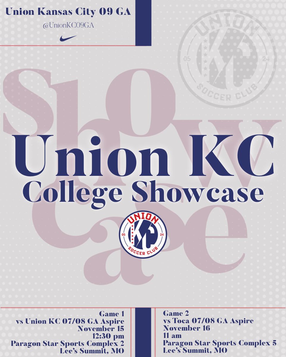 Our club is hosting a college showcase this weekend at Paragon Star in Lee’s Summit, MO. We play Saturday and Sunday! Come out and give our ladies a look! <a href="/GAcademyLeague/">Girls Academy</a> <a href="/unionkcGA/">Union KC Girl’s Academy</a> <a href="/ImCollegeSoccer/">College Soccer Truth ™</a> <a href="/ImYouthSoccer/">ECNL/GA/Recruiting/College Soccer</a> <a href="/TopDrawerSoccer/">TopDrawerSoccer</a> <a href="/PrepSoccer/">Prep Soccer ⚽️</a> <a href="/JREskilson/">J.R. Eskilson</a> <a href="/TheSoccerWire/">SoccerWire</a>