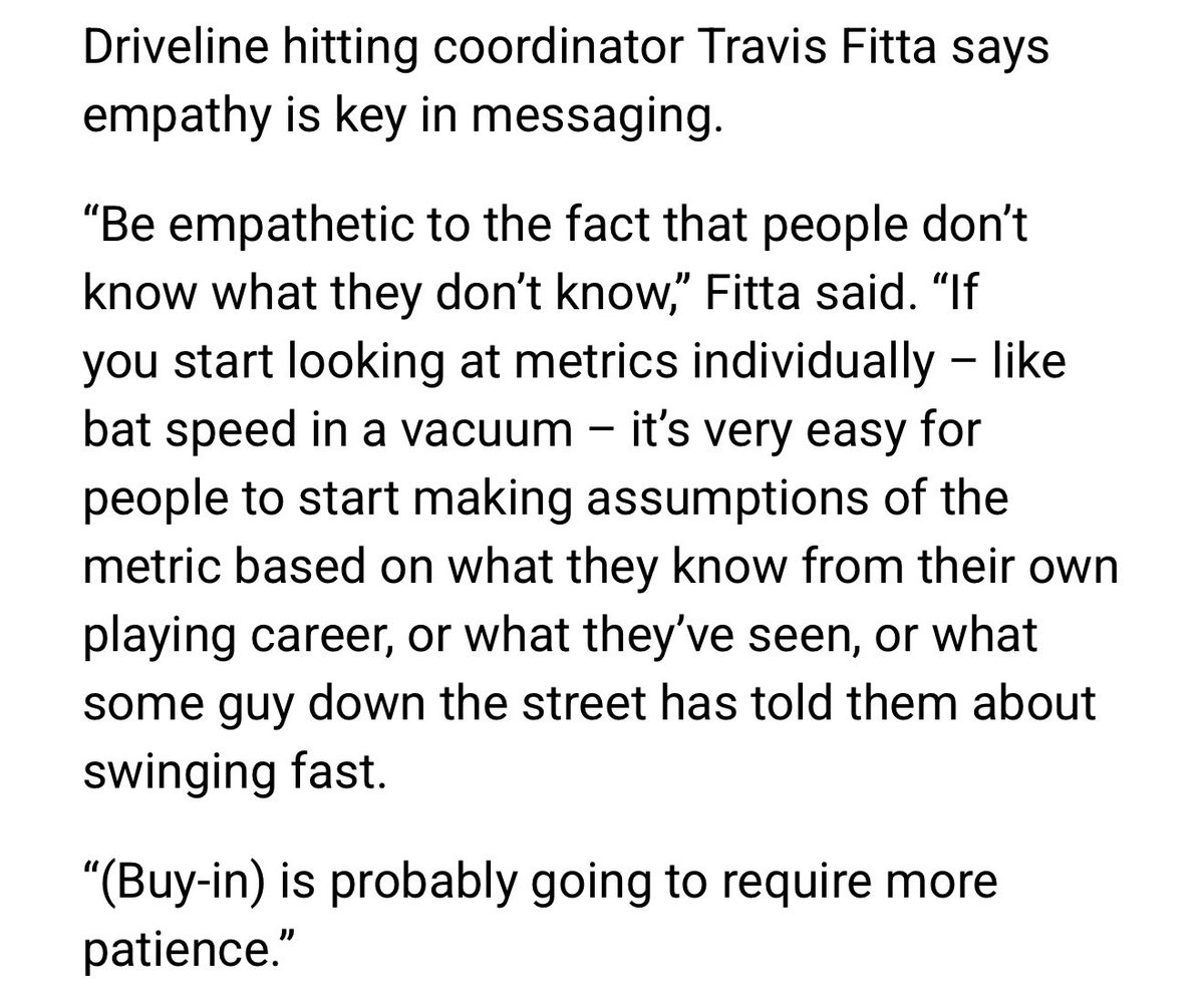 Really good read here from <a href="/Travis_Sawchik/">Travis Sawchik</a>.

We’re still in the growing pains of hitting development. I’ll always be on the side that backs it in data and proof over opinion and ego.

We have some really good people <a href="/DrivelineBB/">Driveline Baseball</a> doing good things for players of all levels.
