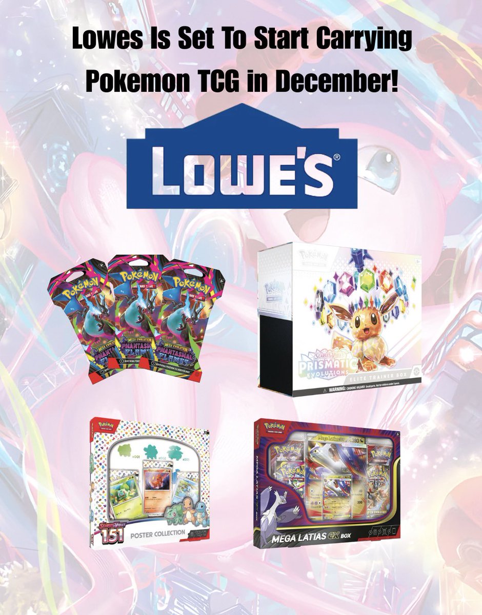 Rippinpackzz's tweet photo. 🚨 BREAKING NEWS! 🚨
Here’s what’s hitting shelves:
•Phantasmal Flames Sleeved Boosters
•Kanto Power Mini Tins
•Mega Latias ex Boxes
•Prismatic Evolutions ETBs
•151 Poster Collections
•Paradox Clash Tins

#PokemonTCG #RippinPackz #PokemonCards #Lowes #PhantasmalFlames https://t.co/fv20Dt7b9U