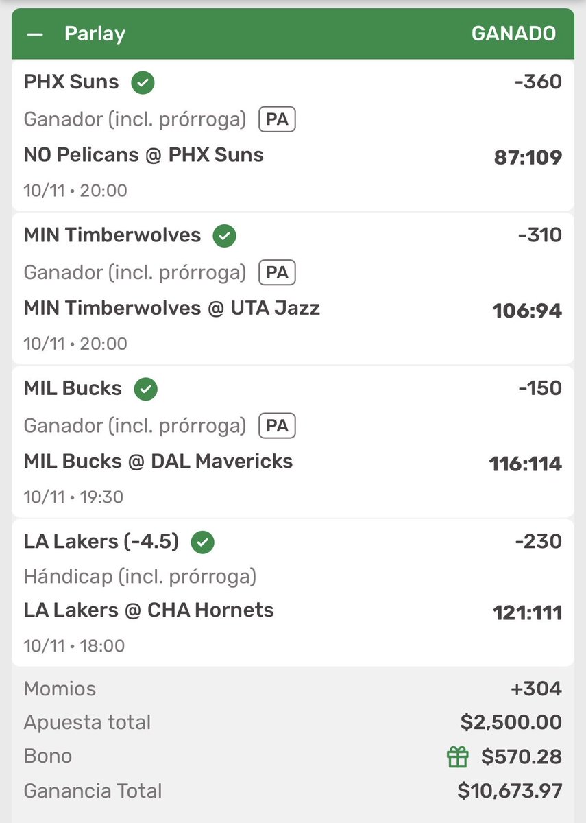 400 ❤️ y saco unos desayunos 🍳 para tempranito 

OTROOOO PARLAY MÁS  y ahora de NBA ALV 🏀🏀🏀 , lo que estamos haciendo en el grupo PREMIUM es una PUTA LOCURAAAA 

Nos tocó sufrir de último minuto con los Bucks pero SUFRIDO VALE DOBLE Y A CAJAAAAS 

LA KOALANETA 🚍🚍🐨