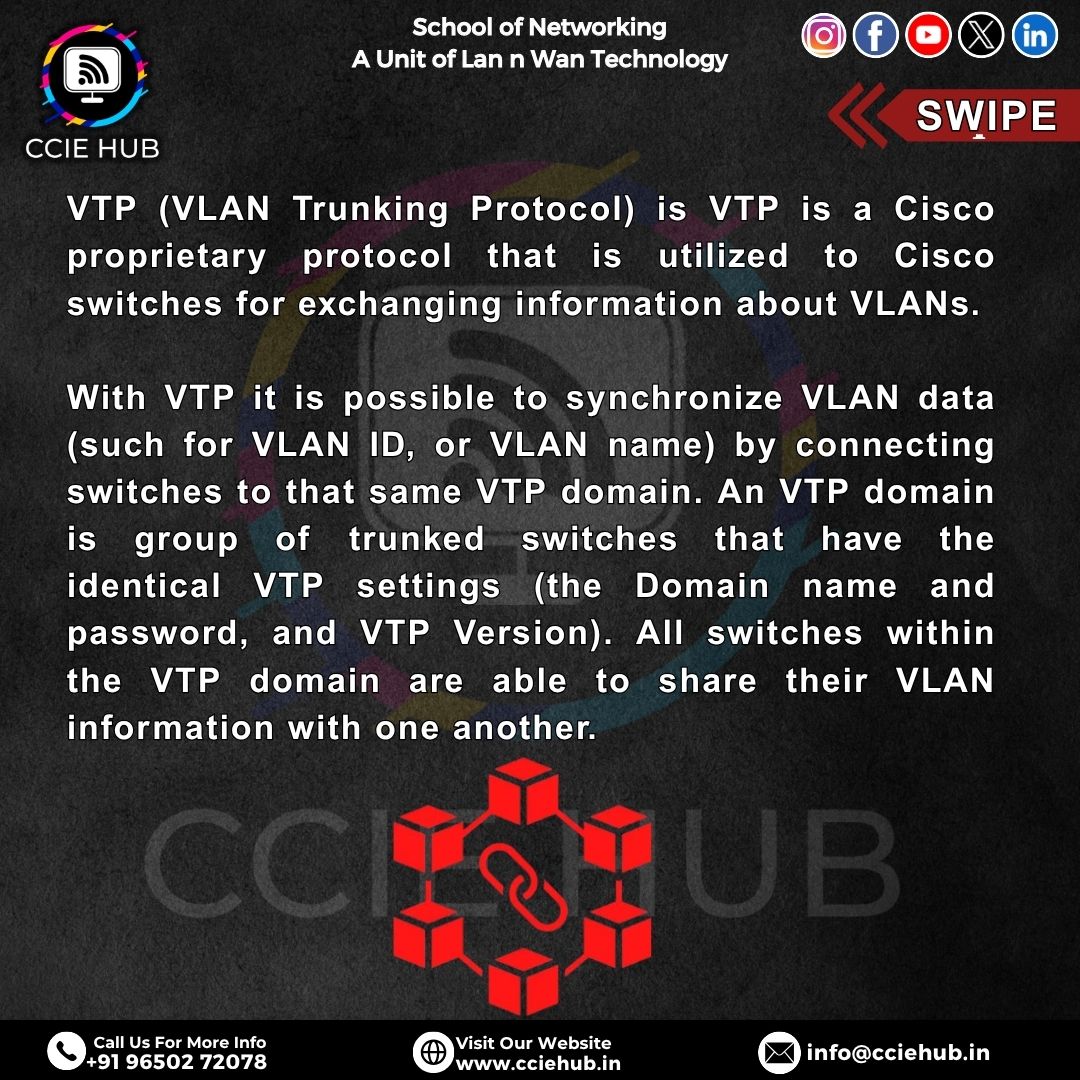 cciehub's tweet image. 📡 What is VLAN Trunk Protocol (VTP)? 🤔
🧠 Learn more about VLANs, Trunks, and other networking fundamentals with CCIE HUB – School of Networking
🎓 A Unit of Lan n Wan Technology

#CCIEHub #NetworkingMadeSimple #VTP #VLANTrunkProtocol #CiscoTraining #NetworkEngineer