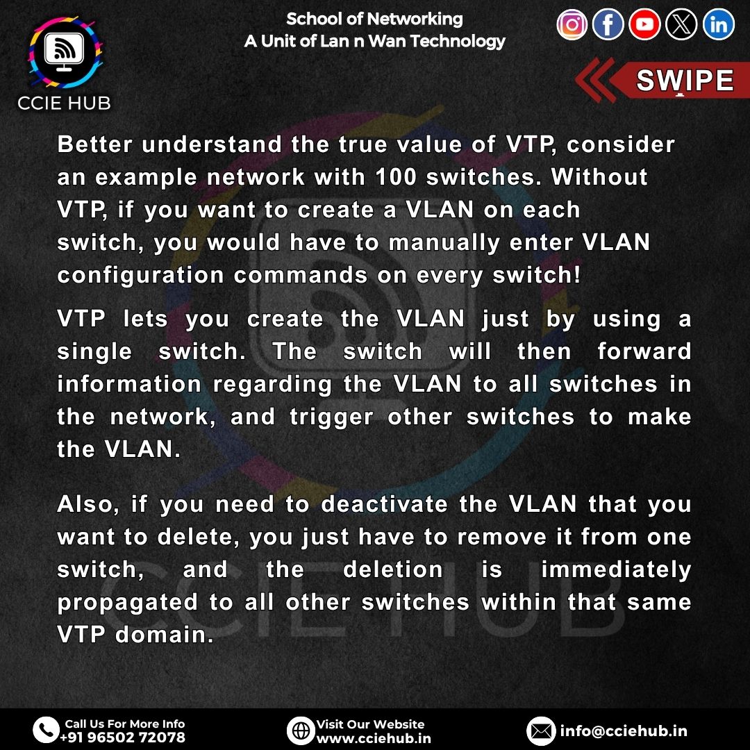 cciehub's tweet image. 📡 What is VLAN Trunk Protocol (VTP)? 🤔
🧠 Learn more about VLANs, Trunks, and other networking fundamentals with CCIE HUB – School of Networking
🎓 A Unit of Lan n Wan Technology

#CCIEHub #NetworkingMadeSimple #VTP #VLANTrunkProtocol #CiscoTraining #NetworkEngineer