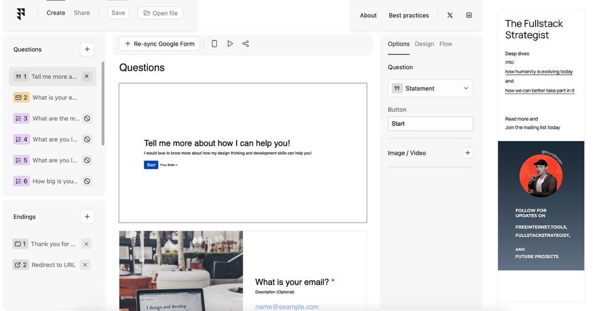 foundbryan's tweet image. Working on gathering a suite of free internet tools for solopreneurs, finding what exists and building what I wish existed.

Launching v1 of Forms, a platform to slap designs, question types, and custom flows on top of Google Forms.

All completely free forever.