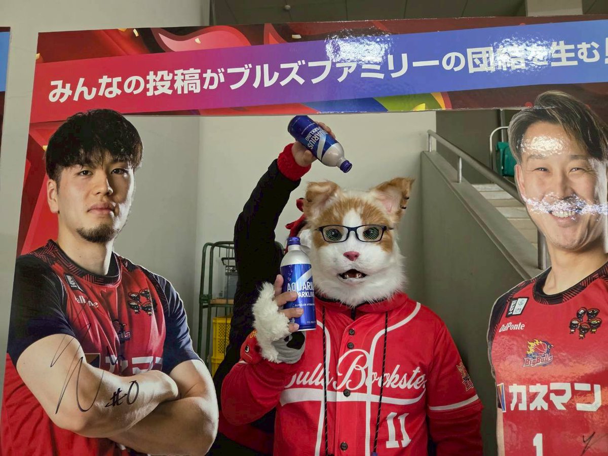 abecchifc178's tweet image. ブルズの会場にはフォトスポットがあるのでぜひ推し選手の所で撮ったりして楽しんでくださいニャー✨
その時は #ブルズファミリー の証 #リストバンド を付けて記念撮影してニャー😺
私は選手に #アクエリアススパークリング を飲ませてました😺
その後ろから怪しい動きが…😹w
#岩手ビッグブルズ