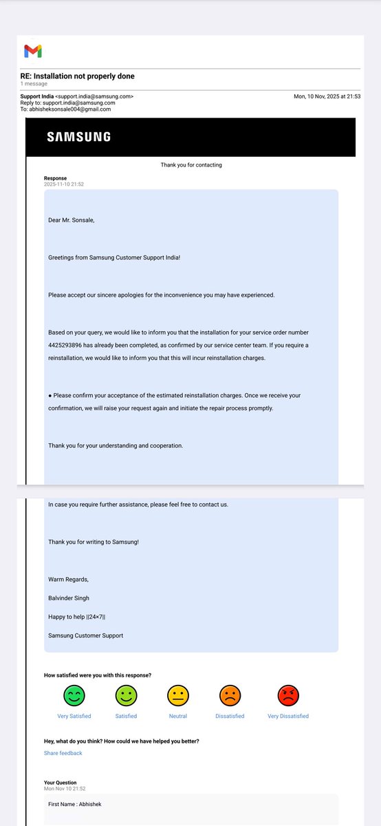 arsonsale's tweet photo. @SamsungIndia 
Even after sending details in mail. I got nothing.see attached mail screenshot.i will not buy any samsung Product in future. https://t.co/HIaNHRqOn4