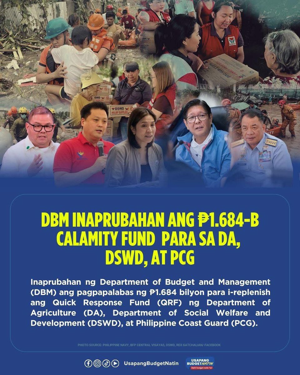 DBM <a href="/DBMgovph/">DBM Philippines</a> Reloads ₱1.684 Billion in Calamity Funds Para Mabilis ang Bangon ng Bayan 🇵🇭

When disaster strikes, the government moves fast. The Department of Budget and Management (DBM) has just approved the release of ₱1.684 billion to replenish the Quick Response Funds