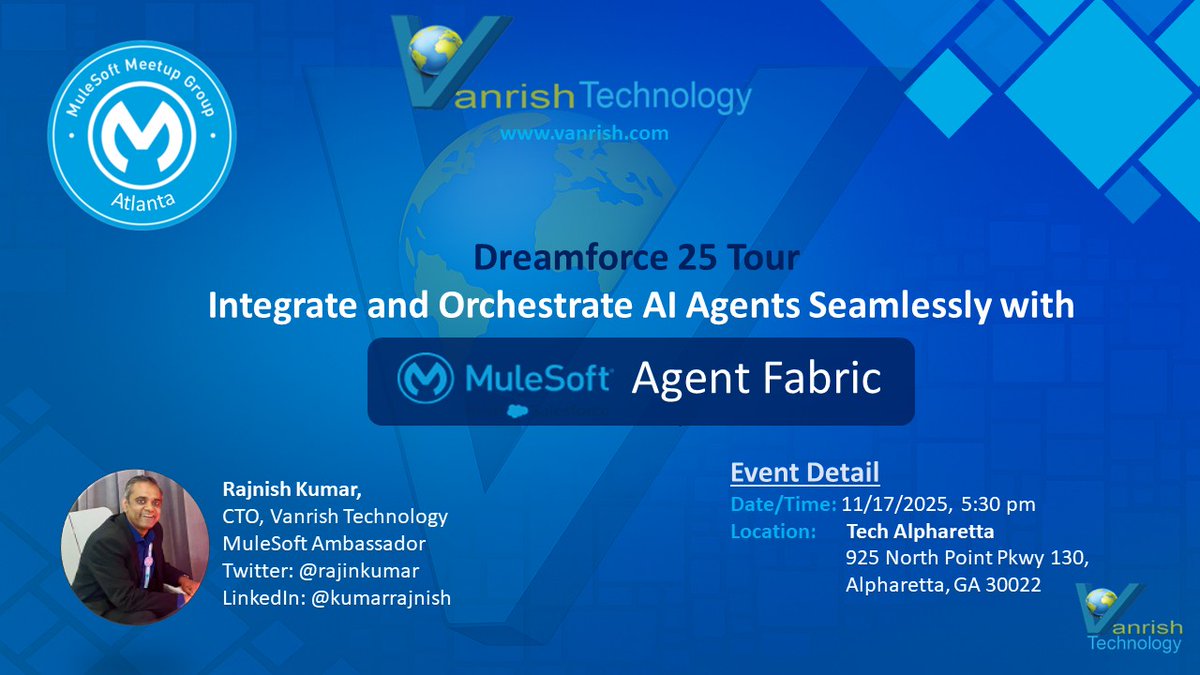 VanrishTech's tweet image. Excited to share we r hosting #Atlanta @MuleSoft Meetup to explore #AgentFabric, A new framework 4 #integration &amp;amp; #orchestrating #AI agents seamlessly.
We’ll dive into #Agent Fabric &amp;amp; the Model Context Protocol (#MCP) are transforming the way AI agents communicate. Don’t miss!