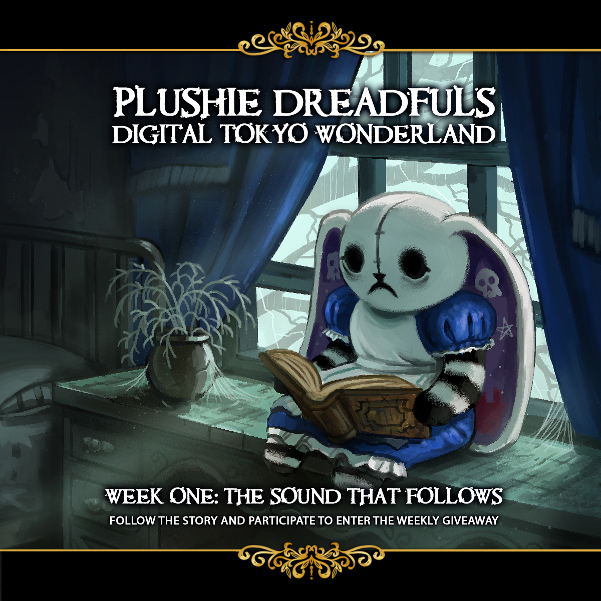 ⭐️ Plushie Dreadfuls: Digital Tokyo Wonderland ⭐️

THE STORY │ WEEK ONE

On a stormy afternoon, Alice found a strange, cracked leather book hidden in her coat. Inside were eerie drawings of a rabbit split in two, crawling along train tracks. The text warned of Teke Teke, a