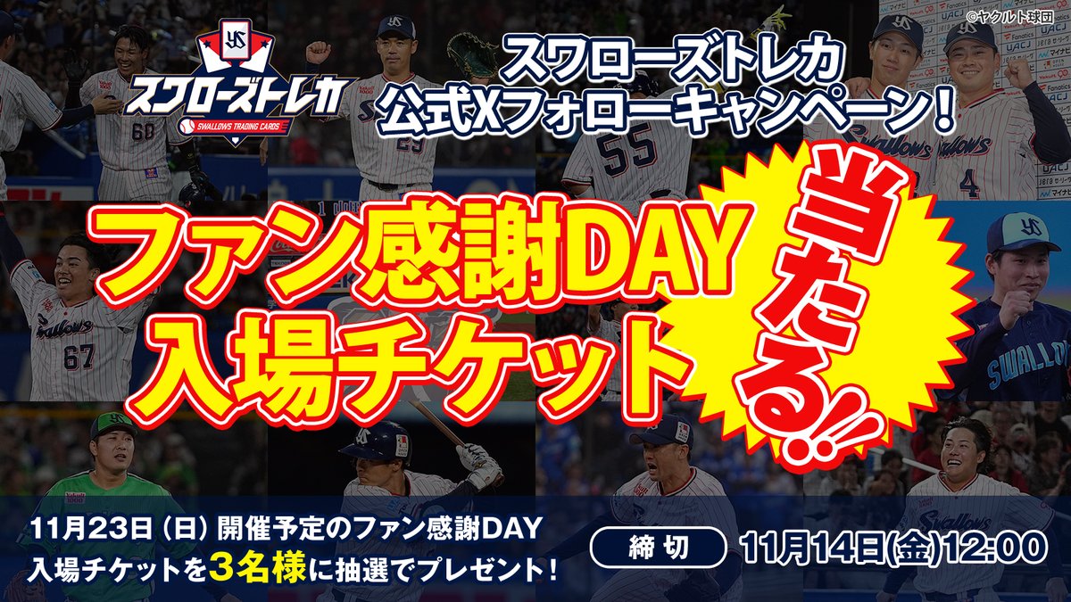 swallows_cards's tweet photo. 🎉ファン感謝DAYのチケットが抽選で当たる🎉
抽選で3名様に11月23日(日)開催
ファン感謝DAYのチケットをプレゼント🎁

▼参加方法
① @swallows_cards をフォロー
② この投稿をリポスト

締切：11月14日(金)12:00

#プレゼント企画 #スワローズトレカ #swallows
https://t.co/9MsXZdXyYg https://t.co/DBbfoGaUXH
