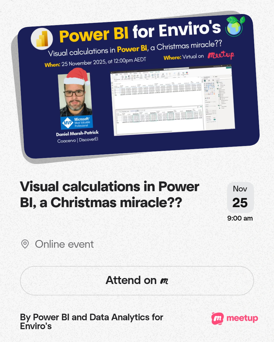 discover_ei's tweet image. Come and join us for the last #PowerBI4Enviro&apos;s meetup for 2025. Daniel Marsh-Patrick  will demonstrate #PowerBI #VisualCalculations in all their glory: meetup.com/en-AU/powerbi4…

Hope to see you there :-)