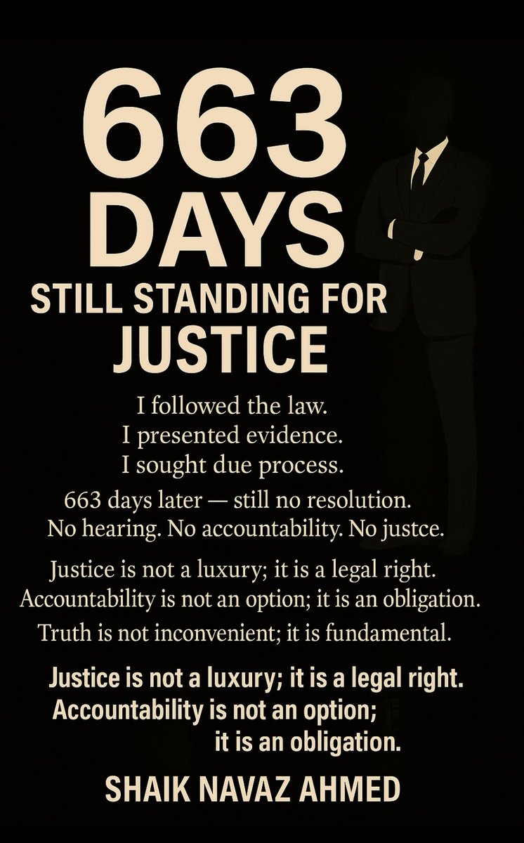 navazshaik89's tweet image. Day 663 — Still Standing for Justice.

I followed the law.
I presented evidence.
I sought due process.

663 days later — still no resolution
No hearing. No accountability. No justice
 Justice is not a luxury; it is a legal right
Accountability is not an option it is an obligation