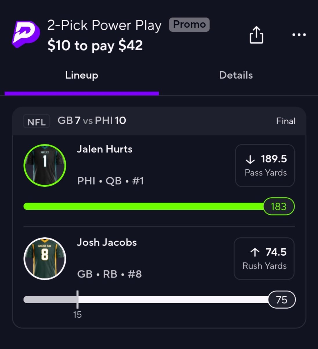 dum_live's tweet photo. So Josh Jacobs goes from 75 yards to 74.5 magically? Prizepicks robbed me! https://t.co/8PEvHsF3es