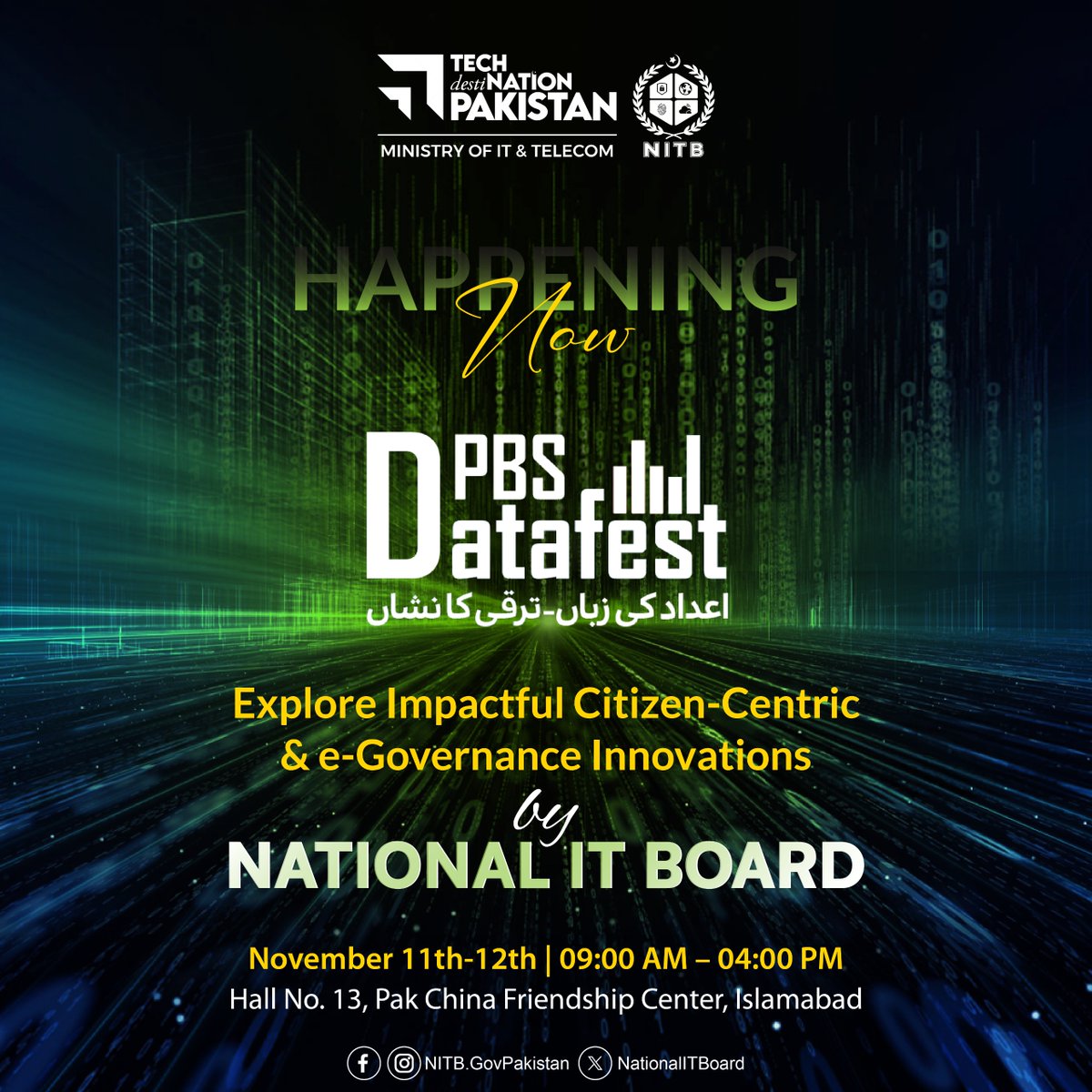 NationalITBoard's tweet image. HAPPENING NOW!  

#NITB showcases its citizen-centric #Digitalsolutions and #eGovernance innovations at the National #DataFest2025. Explore how data-driven technology is driving efficiency, transparency for the nation`s digital growth.  

Let`s collaborate for #DigitalPakistan.