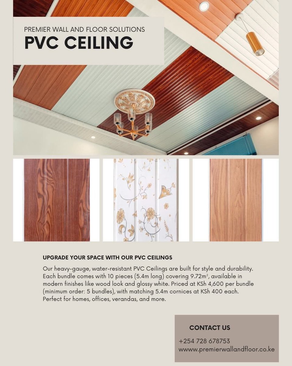 Pwallandfloor's tweet image. Upgrade your space with our PVC Ceiling — durable, water-resistant, and easy to maintain. Ideal for homes, offices, and verandas. Each bundle covers 9.72m² with 5.4m long panels, available in a range of elegant finishes.

#PVCCeiling #PremierWallAndFloorSolutions #CeilingExperts