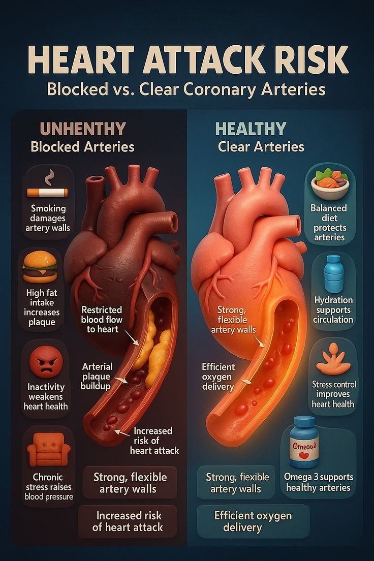 andrewjohnpub1's tweet image. Having blocked arteries increases the risk of heart attack, as it restricts blood flow to the heart muscle. Clear arteries reduce this risk, allowing for proper circulation and oxygen delivery. 🩺❤️ #HeartHealth #ArteryHealth #ReduceRisk