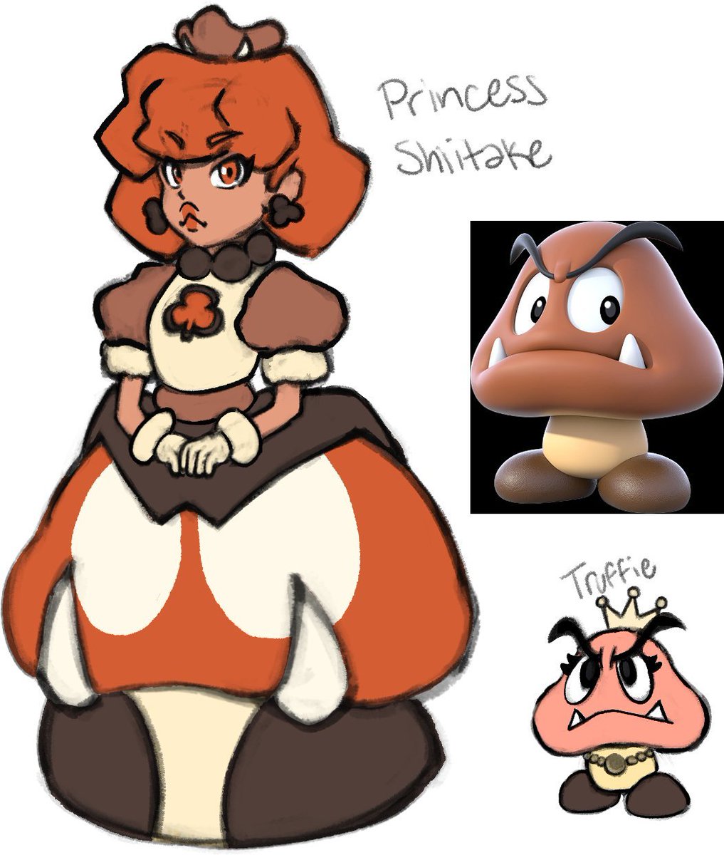 Designed a Mario Princess- 
This is Princess Shiitake and her pet Truffie (Spoiled af)  
Goomba Princess 
Got inspiration from <a href="/brycecarringto5/">Bryce</a> 's work and I love her

(If you don't want to be tagged I will refrain from doing so)